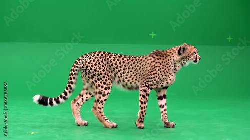 Majestic African Cheetah Walking Gracefully on Green Screen for Easy Compositing and Visual Effects Production