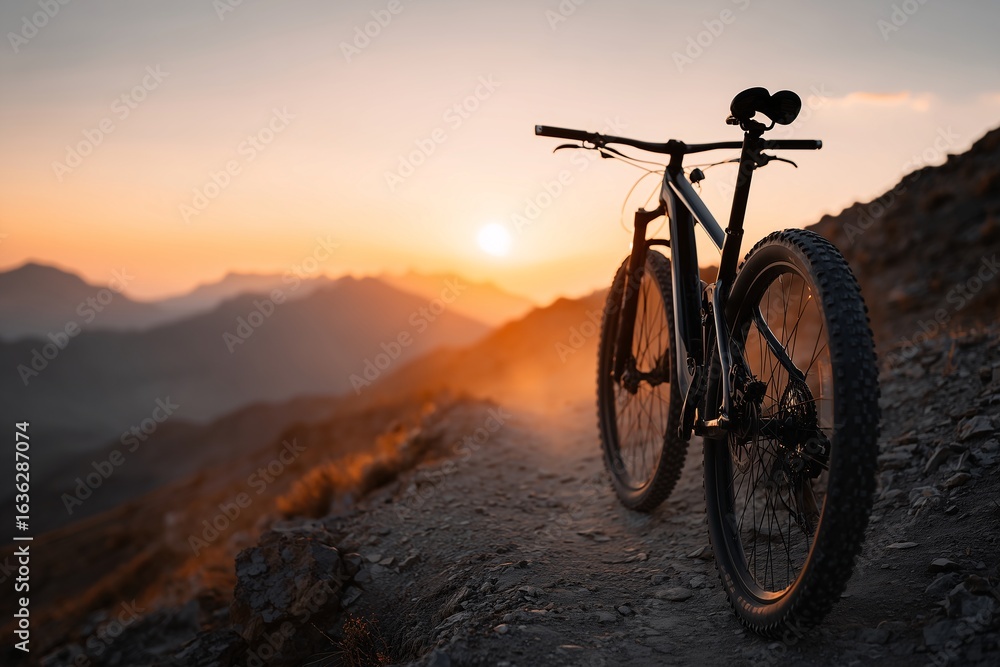 Fototapeta premium Mountain bike on rocky trail at sunset, Warm light glows across dirt path and distant peaks
