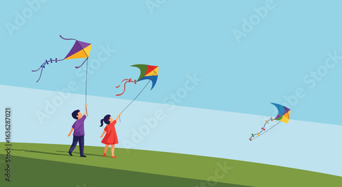 Children Flying Colorful Kites on a Sunny Day