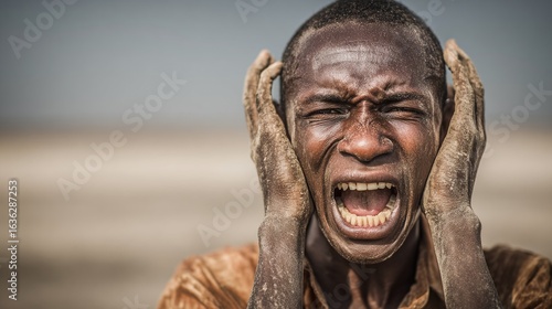Distressed man screaming with hands covering ears. Intense emotional expression. Against a desolate background. Conveying raw emotion.