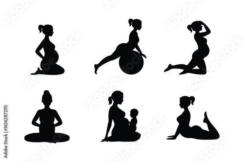 Pregnant women and baby silhouettes in various yoga poses exercise