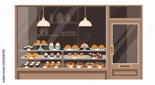 Charming bakery shopfront with pastries and cakes displayed under warm lighting