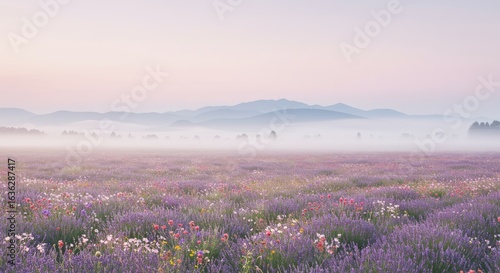A vast, misty lavender field stretches towards distant mountains under a soft, pastel sky.