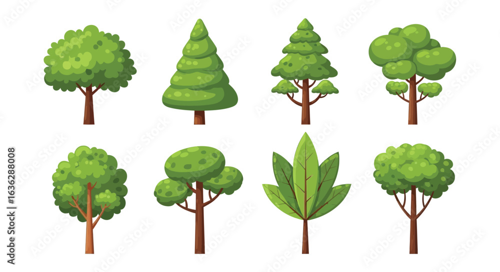 Fototapeta premium Vector art of collection of various green trees with different shapes and foliage, isolated on white background, representing nature, growth, and the beauty of the plant kingdom in various seasons