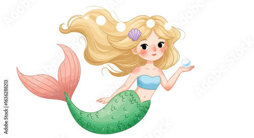 Vector art of cute blonde mermaid girl with long hair and a green tail holding a pearl, isolated on white background, fantasy ocean creature, magical underwater world, beautiful and adorable character