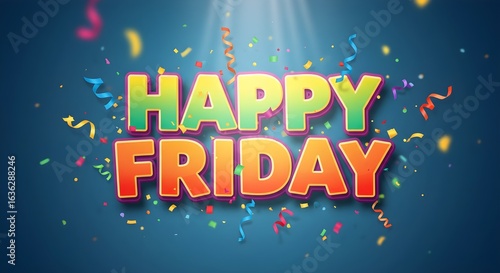 Happy Friday 3D blue and orange text with colorful confetti on blue background