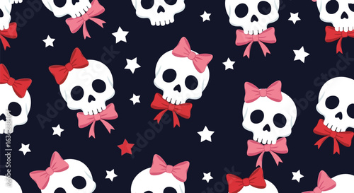Vector art of cute halloween skull pattern with pink and red bows and stars on a dark background, a whimsical and spooky design perfect for festive occasions and apparel