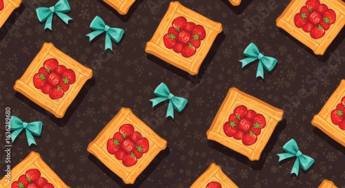 Vector art of strawberry tartlets with blue bows, seamless pattern on dark background
