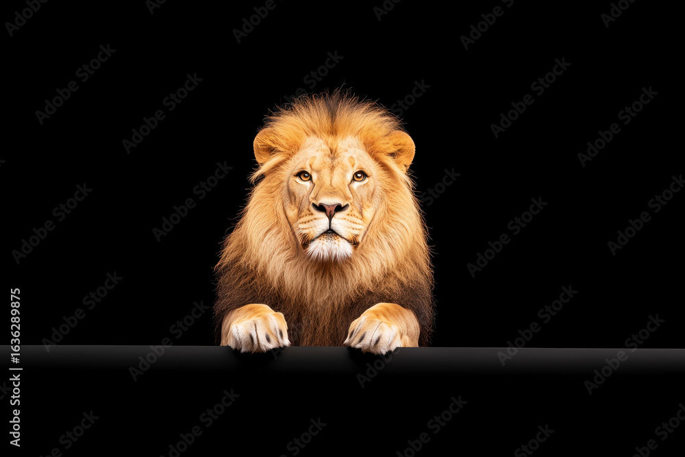 Fototapeta premium Majestic lion with thick mane gazes confidently at viewer, showcasing its powerful presence and regal demeanor against black background. This portrait captures essence of strength and beauty