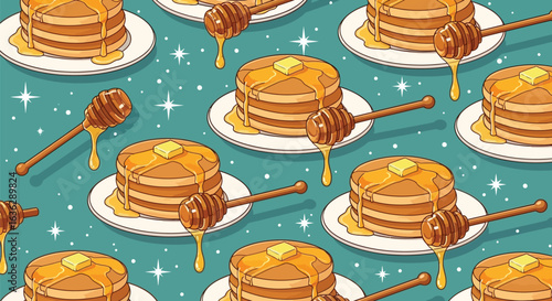 Vector art of delicious stack of pancakes with dripping honey and butter, a delightful breakfast or dessert treat for any occasion