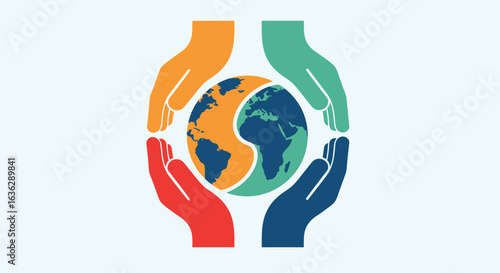 Colorful hands protectively cradling a segmented Earth globe illustration