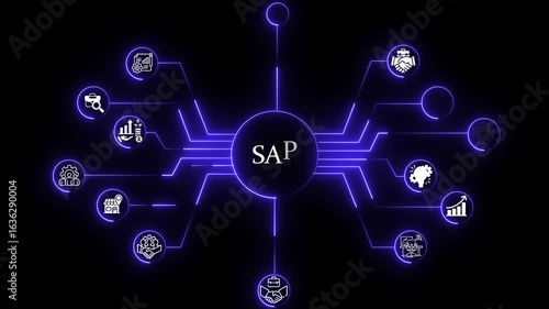 Glowing Neon Line SAP System Software Automation concept on virtual screen data center. Business, modern technology, internet and networking concept.