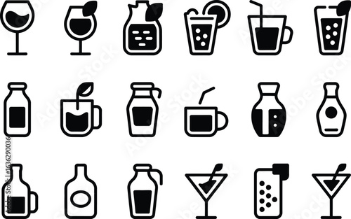 Collection of various drink icons in black and white line art style
