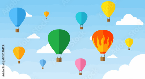 Colorful Hot Air Balloons Floating in a Bright Blue Sky with Clouds