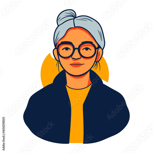 A flat vector illustration of a woman with her hair in a bun, wearing glasses and a jacket. This image is suitable for websites and blogs about female empowerment, portraits, or user profiles.

