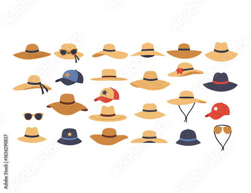 A diverse collection of summer hats and headwear. Vector illustration set of fashion accessories for sun protection, including various hat styles.