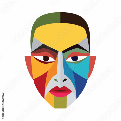 Vibrant abstract portrait of a human face, constructed from colorful geometric shapes in a modern cubist style.