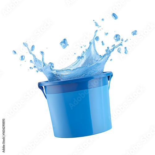 Blue plastic bucket splashing water