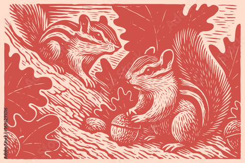 Two cute chipmunks on an oak branch with acorns. Forest wildlife scene in a vintage hand-drawn woodcut or linocut style. Vector illustration.