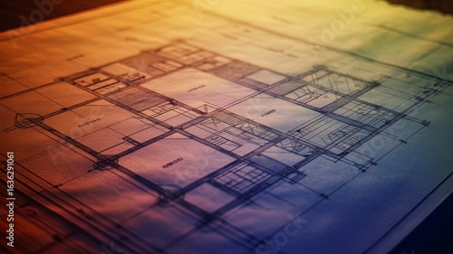Illustration of closeup of an architectural floor plan drawing with colorful light effects and shadows