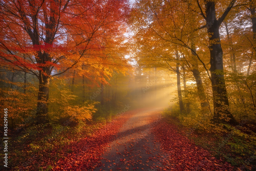Fototapeta premium A serene forest path blanketed by a thick carpet of crimson, amber, and golden autumn leaves winds through towering maple and oak trees, their branches adorned with fiery foliage