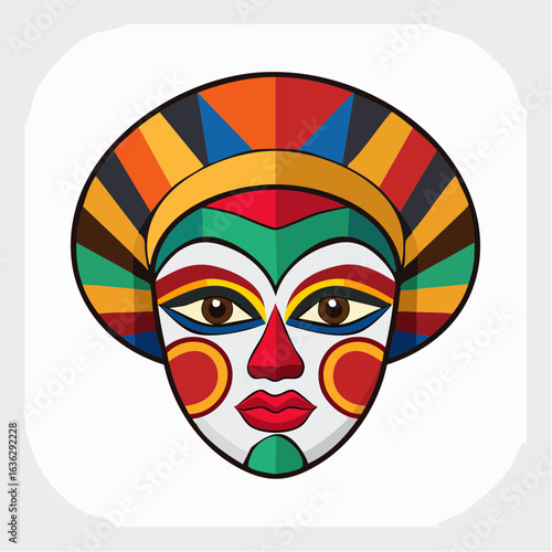 A vibrant concept illustration of a stylized cultural mask. A decorative face design for festivals and theatrical performance.