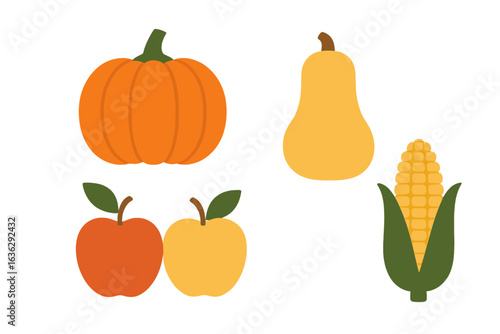 Colorful autumn harvest featuring pumpkin, squash, apples, and corn set against a simple background in a delightful arrangement
