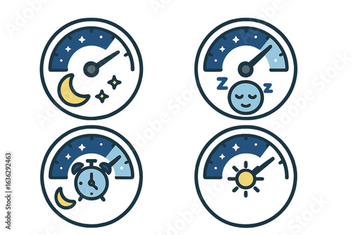 Sleep quality meter icons displaying different stages of rest and wakefulness throughout the night and day