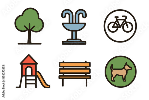 Playground and park elements including trees, fountains, bicycles, benches, and a dog