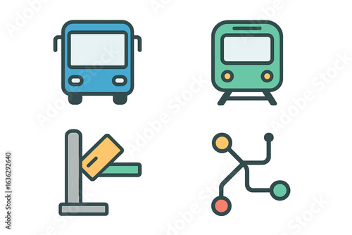 Different modes of urban transportation including bus and tram icons displayed in a modern design style