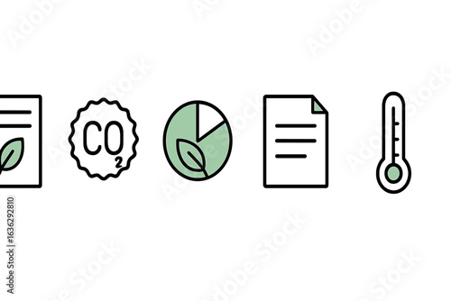 Icons representing environmental themes including carbon emissions, sustainability, and climate change data analysis in a modern graphic style