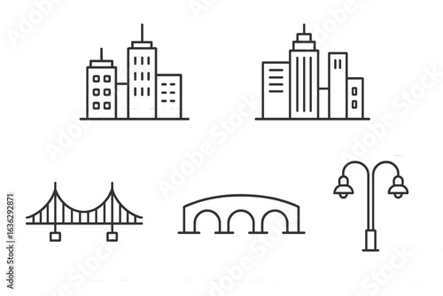 City skyline with modern buildings, bridges, and streetlights in a minimalist design style