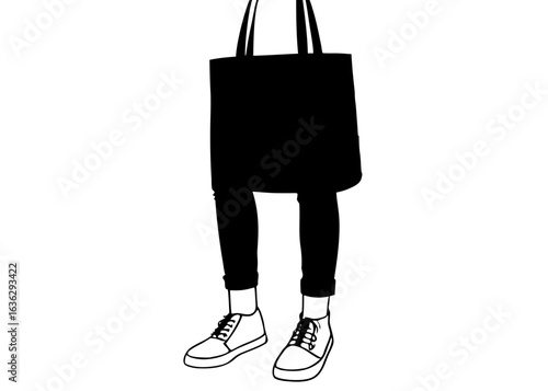 Person with tote bag and sneakers silhouette vector illustration