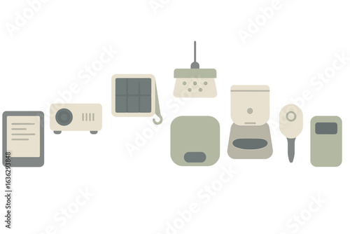 Various modern home appliances and devices arranged in a minimalistic style showcasing innovative technology for everyday use