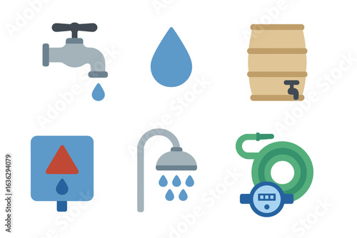 Various water-related elements including a tap, drop, barrel, and hose showing usage and conservation concepts