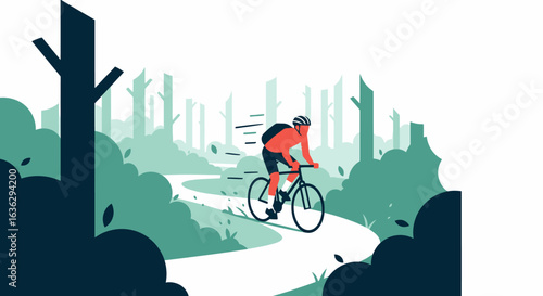 Cyclist on a Winding Path Through a Peaceful Forest