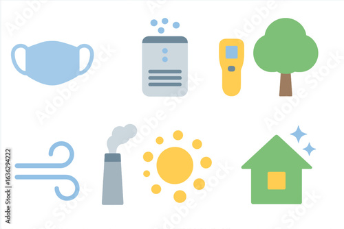 Elements representing health, environmental conditions, and home safety in modern society