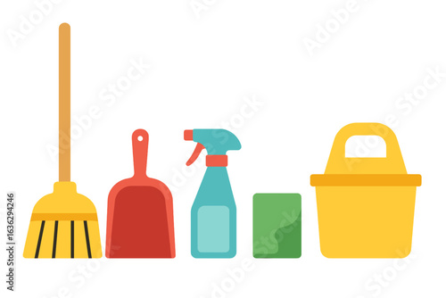 Cleaning supplies arranged in a row showcasing essential tools for home maintenance and organization