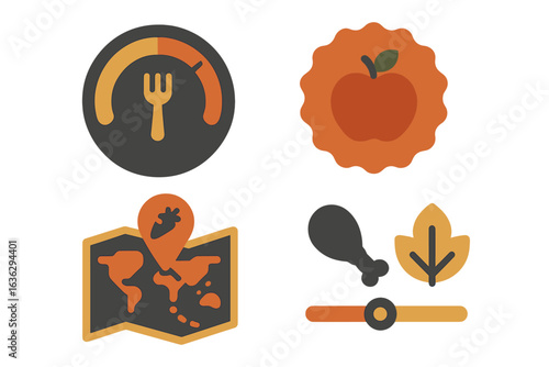 Icons representing food, nutrition, and healthy eating habits in a modern style for digital applications
