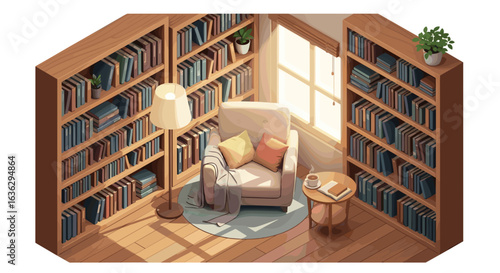Cozy Reading Nook with Bookshelves, Armchair and Soft Lighting for Relaxing Moments in Comfort
