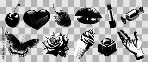 Trendy set of retro photocopies for printing stickers, posters, collages and banners. Hands, lips, mouth, strawberry, cherry, candy, butterfly, rose in vintage pop art style of 2000 with noise effect.