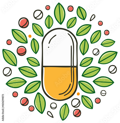 Natural vitamin supplement capsule with herbal leaves and tablets illustration