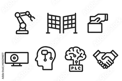 Industrial automation symbols represent technology, teamwork, and communication in modern manufacturing environments