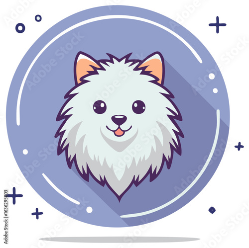 Adorable cartoon of a fluffy white dog head. Cute Pomeranian spitz puppy mascot logo in a circle