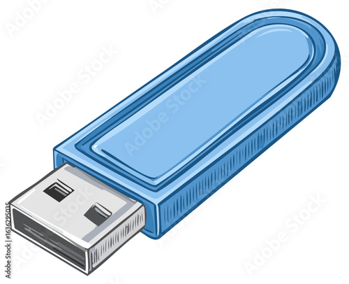 Blue USB flash drive with digital sketch style on white background