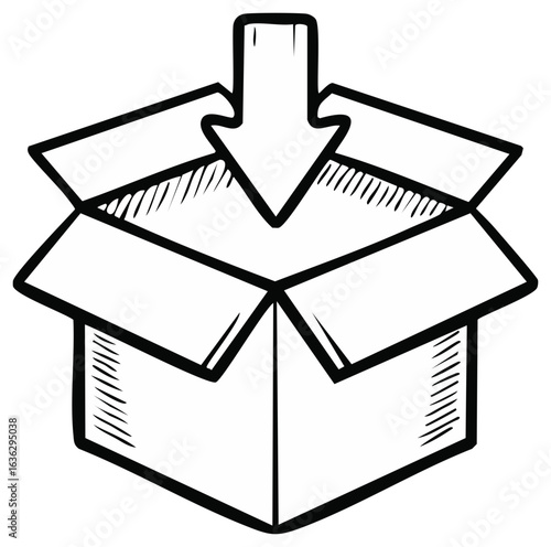 Hand drawn open cardboard box with down arrow for delivery download receive concept