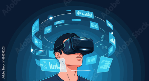 Immersive Virtual Reality Experience: Man Exploring Digital Data Through Cutting-Edge VR Headset and Interactive Interface