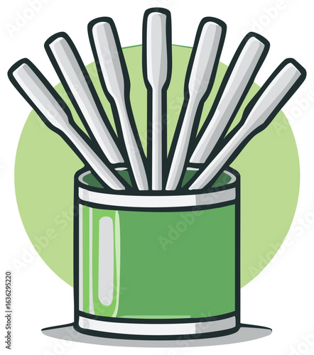 Illustration of multiple droppers, pipettes in a green container, cylinder against a simple light green background.