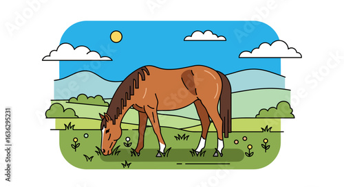 Brown Horse Grazing Peacefully in a Sunny Meadow Illustration with a Serene Rural Landscape.