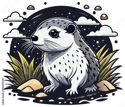 Cute cartoon lemming illustration sitting in grass under a starry night sky